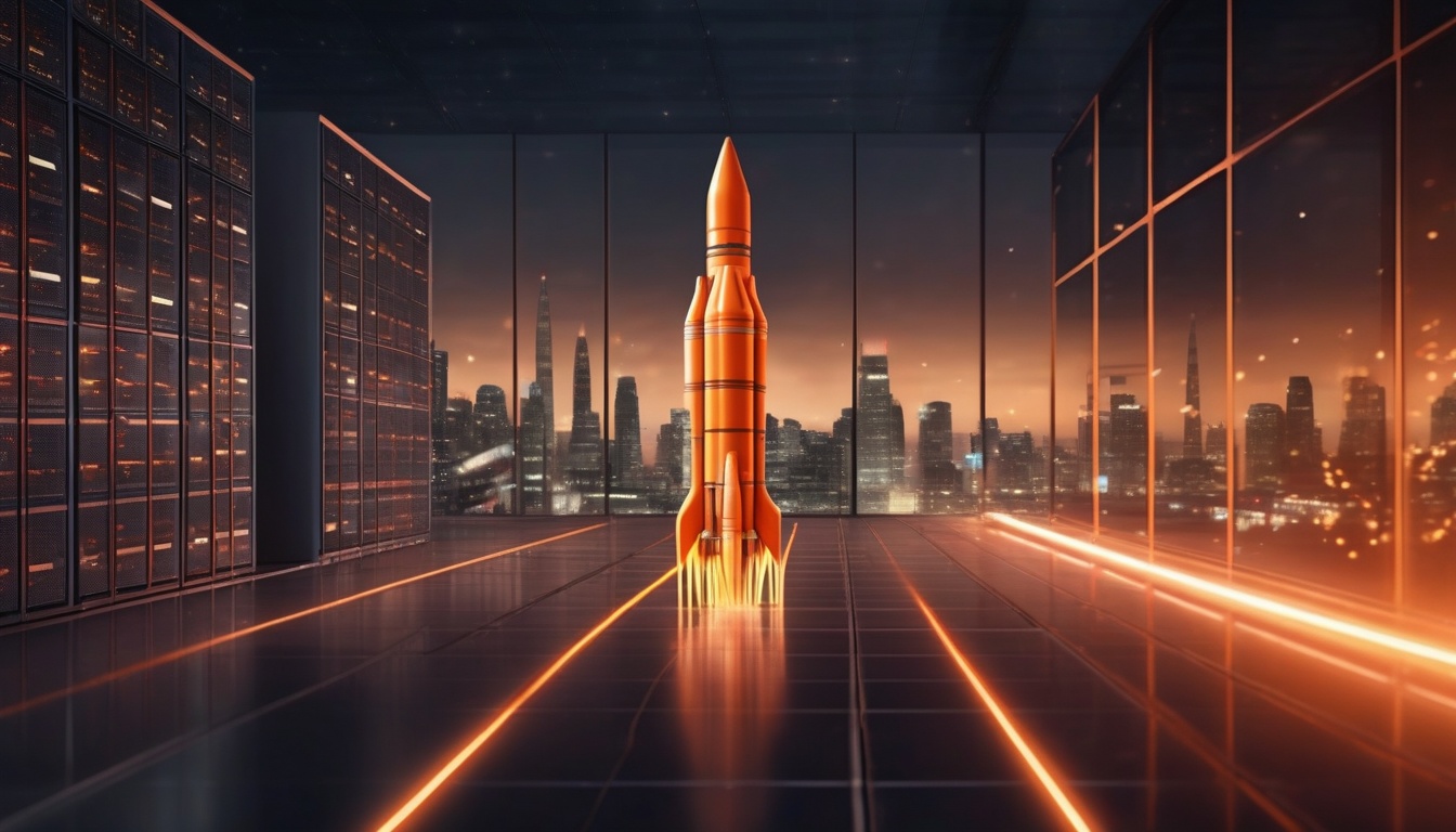 夜のデータセンター上空を駆けるロケットの光跡。smolvmの高速な開発サイクルを象徴するイメージ