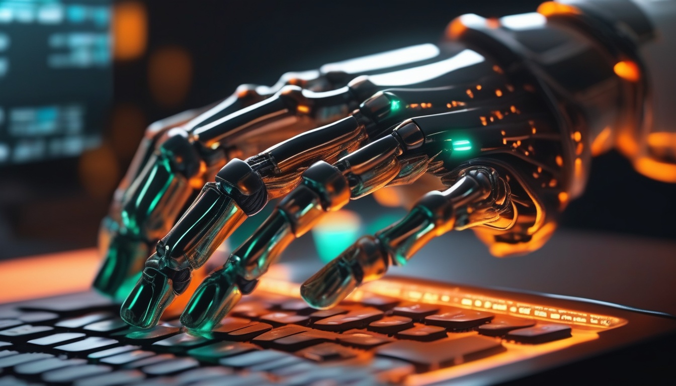 透明な隔離チャンバー内でキーボードを操作するロボットハンド。AI生成コードをサンドボックスで実行する概念を象徴するイメージ